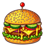 En illustreret burger med sesambrød, ost, grøntsager og en kirsebærtomat på toppen.