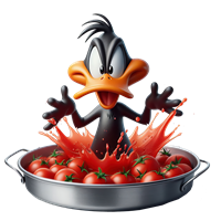 Daffy Duck sprøjter tomater i en gryde, omgivet af tomater.