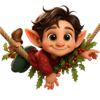 En glad nisse hænger fra en snor med julegrønt og smil, klar til festligheder.