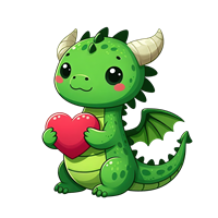 En sød, grøn drage holder et rødt hjerte, med store øjne og et venligt udtryk.