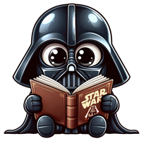 En cartoonagtig Darth Vader med store øjne, der sidder og læser en Star Wars bog.