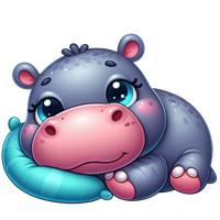 En tegneserieagtig flodhest ligger afslappet på en pude med store, søde øjne.