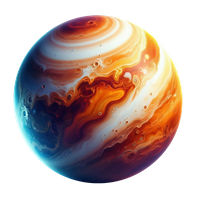 En smuk, farverig planet med skyer og striber i nuancer af orange og blå.