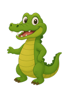 En tegneserieagtig grøn krokodille med store øjne og et venligt smil, der står oprejst.