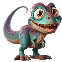 En sød, farverig dinosaur-lignende karakter med store øjne og et venligt smil.