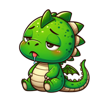 En sød, grøn drage med et træt udtryk, der sidder ned og ser ud til at være ked af det.