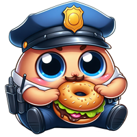 En tegneserieagtig politibetjent med store øjne, der holder en donut og ser glad ud.