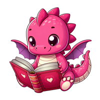 En lille, sød pink drage sidder og læser en bog med et hjerte på omslaget.