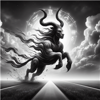 En sort-hvid illustration af en mytisk væsen med horn, der løber mod horisonten.