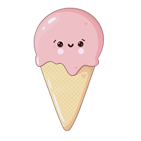 En farverig illustration af en glad isvaffel med en lyserød kugle is.