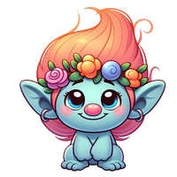 En sød, farverig trold med blå hud og en blomsterkrans i sit lyserøde hår.