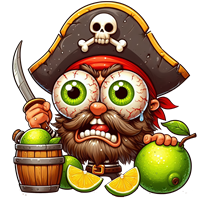 En farverig og humoristisk pirat med store øjne, iført en hat med kranie og en kniv.