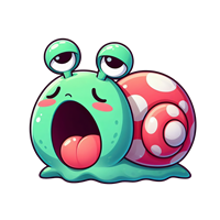 En sød, cartoonagtig snegl med et grønt legeme og et farverigt skjold, der gaber.