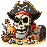 En farverig illustration af en piratskalle med en rød bandana, omgivet af skatte og piratudstyr.