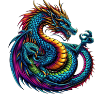 En detaljeret og farverig drage med en dynamisk positur, prydet med skæl og en majestætisk hale.