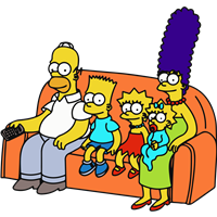 Et farverigt billede af familien Simpson, der sidder sammen på en sofa.