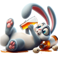 En sjov og farverig kanin, der ligger ned og nyder en drink ved siden af nogle flasker.