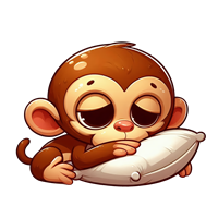 En sød, tegnet abe, der ligger på en pude og ser ud til at sove.