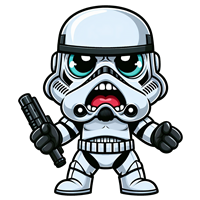 En tegneserieversion af en stormtrooper med store øjne og en pistol.