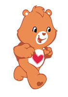 En sød orange bamse med et hjerte på maven, der løber glad.