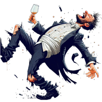 En humoristisk illustration af en mand i smoking, der fejrer med et glas i hånden.