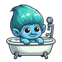 En tegneserieagtig figur med blå hud og grønt hår, der leger i et badekar.