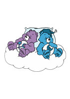 To søde bamser, en lilla og en blå, ligger på en sky og sover fredeligt.