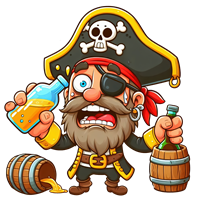 En tegneseriepirat med øjenklap, der holder en flaske og ser meget dramatisk ud.