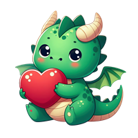 En sød, lille grøn drage holder et rødt hjerte og ser venlig ud.