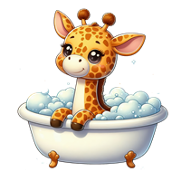 En sød, tegnet giraf sidder i et badekar fyldt med skum.
