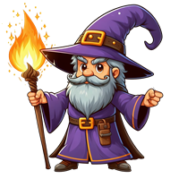 En karakterfuld troldmand iført en lilla kappe, der holder en ildfakkel.