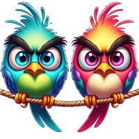 To farverige fugle sidder på en snor med vrede ansigtstræk.