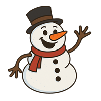 En glad snemand med en sort hat, orange gulerodsnæse og rød halstørklæde, der vinker.