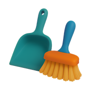 Et sæt bestående af en skovl og en børste i lyse farver, ideelt til rengøring.