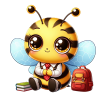 En sød, cartoonagtig bi iført en skjorte og slips, sidder med bøger og en rygsæk.