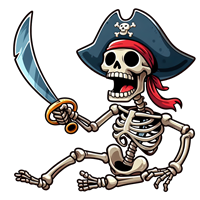En farverig illustration af et skeletklædt pirat med sværd og pirathat.