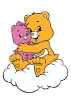 To farverige bamser sidder på en sky og krammer hinanden, udstråler kærlighed og venskab.