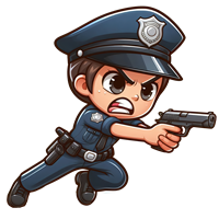 En tegnet politibetjent, der peger med en pistol, klar til at handle.
