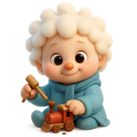 Et glad barn med krøllet hår sidder og leger med en lille træmodeltog.