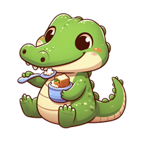 En farverig og nuttet krokodille, der spiser fra en skål, med et glad udtryk.