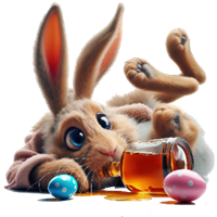 En nuttet kanin ligger afslappet med en krukke honning og farverige påskeæg omkring sig.