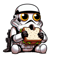 En sød og humoristisk illustration af en stormtrooper, der spiser en sandwich.