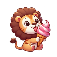 En tegneserieagtig løve, der spiser en isvaffel med pink is, i en legesyg stil.