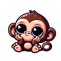 En nuttet tegning af en lille abe med store øjne, der sidder og ser tankefuld ud.