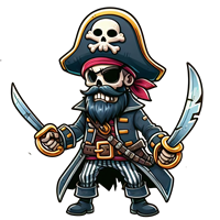 En farverig tegneserie-pirat iført en karakteristisk hat med dødningehoved, bevæbnet med sværd.