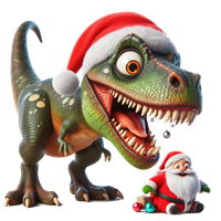 En farverig dinosaur iført en julesokkehat står ved siden af en julesanta.