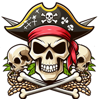 En farverig illustration af en piratskalle iført en pirathat med korsede knogler og kranier.