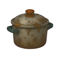 En beskidt gryde med en rusten overflade og en orange knap på låget.