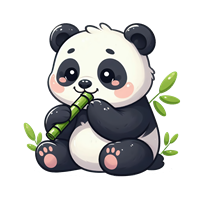 En tegneserieagtig panda sidder og spiller på en fløjte, omgivet af bambus.