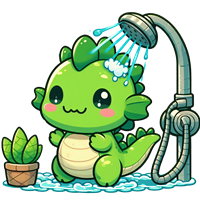 En glad, grøn drage i bruser med skum og en potteplante ved siden af.